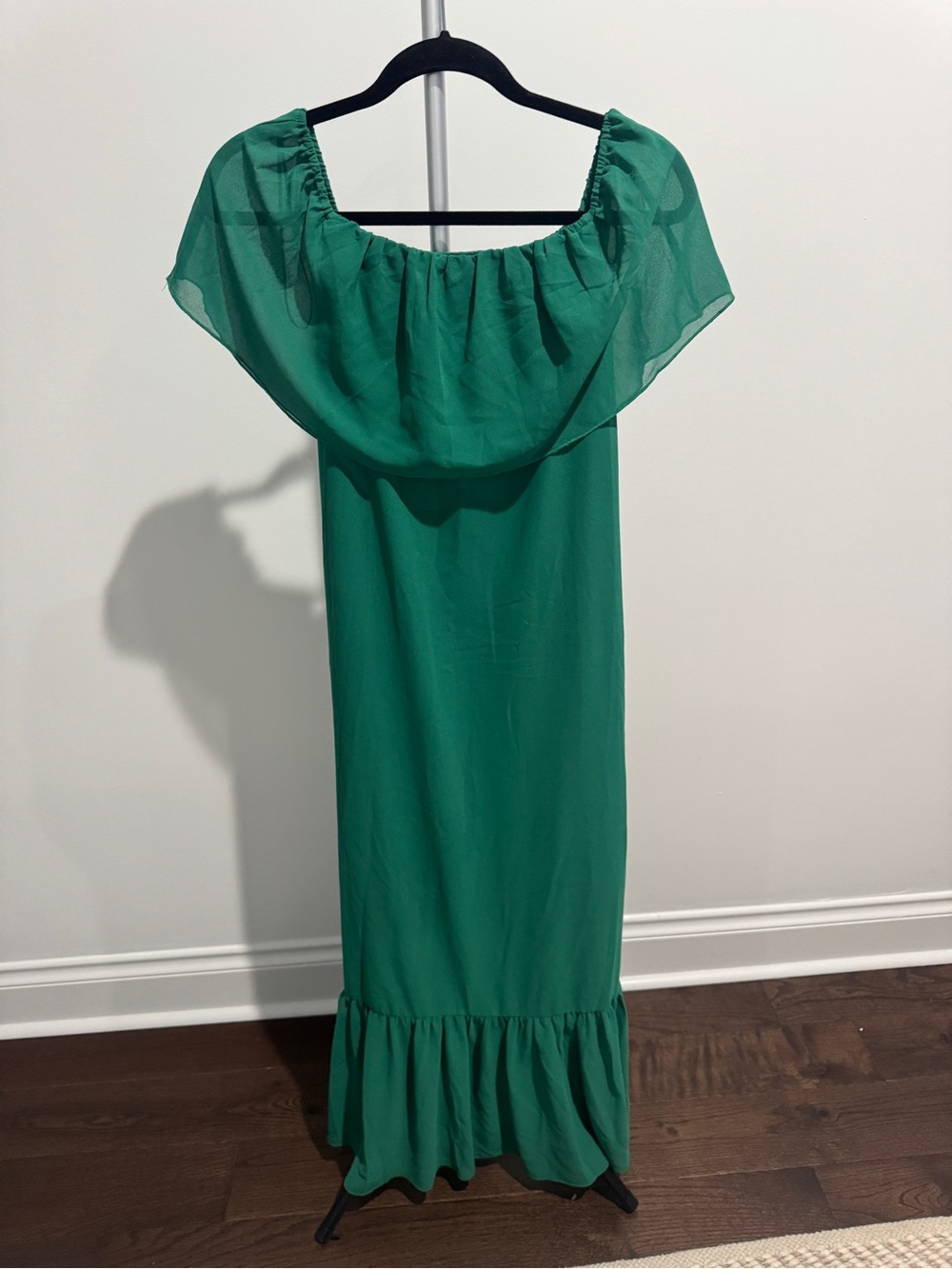 One-Shoulder Emerald Ruffle Maxi Dress